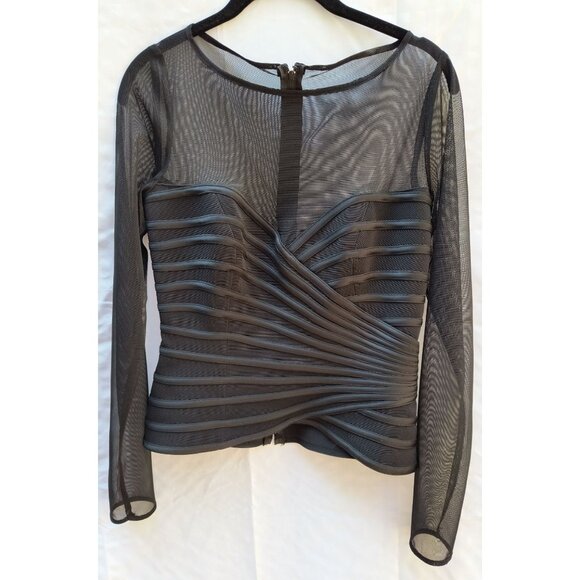 Black Mesh Long Sleeve Top Size 4 With Pleated Body & Back Zipper JS Collection - Picture 1 of 6